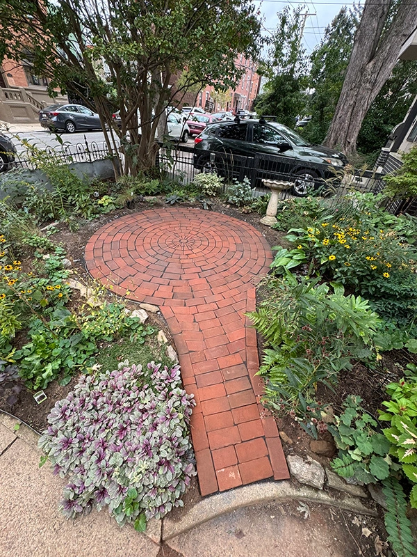 Rejecting the patio-kit mentality, this Fishtown circle patio was hand-laid to mirror the natural setting. Engineered for proper pitch and drainage, yet sculpted by eye to feel like a natural land art installation, it brings a truly bespoke soul to this urban green space.