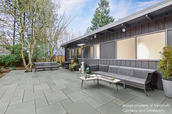 image of sleek no-border monotone feel UK backyard patio - grey